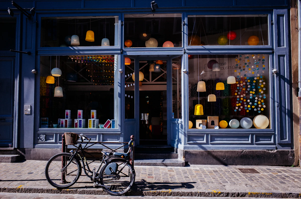 Boutique shopfront with warm hanging lights
